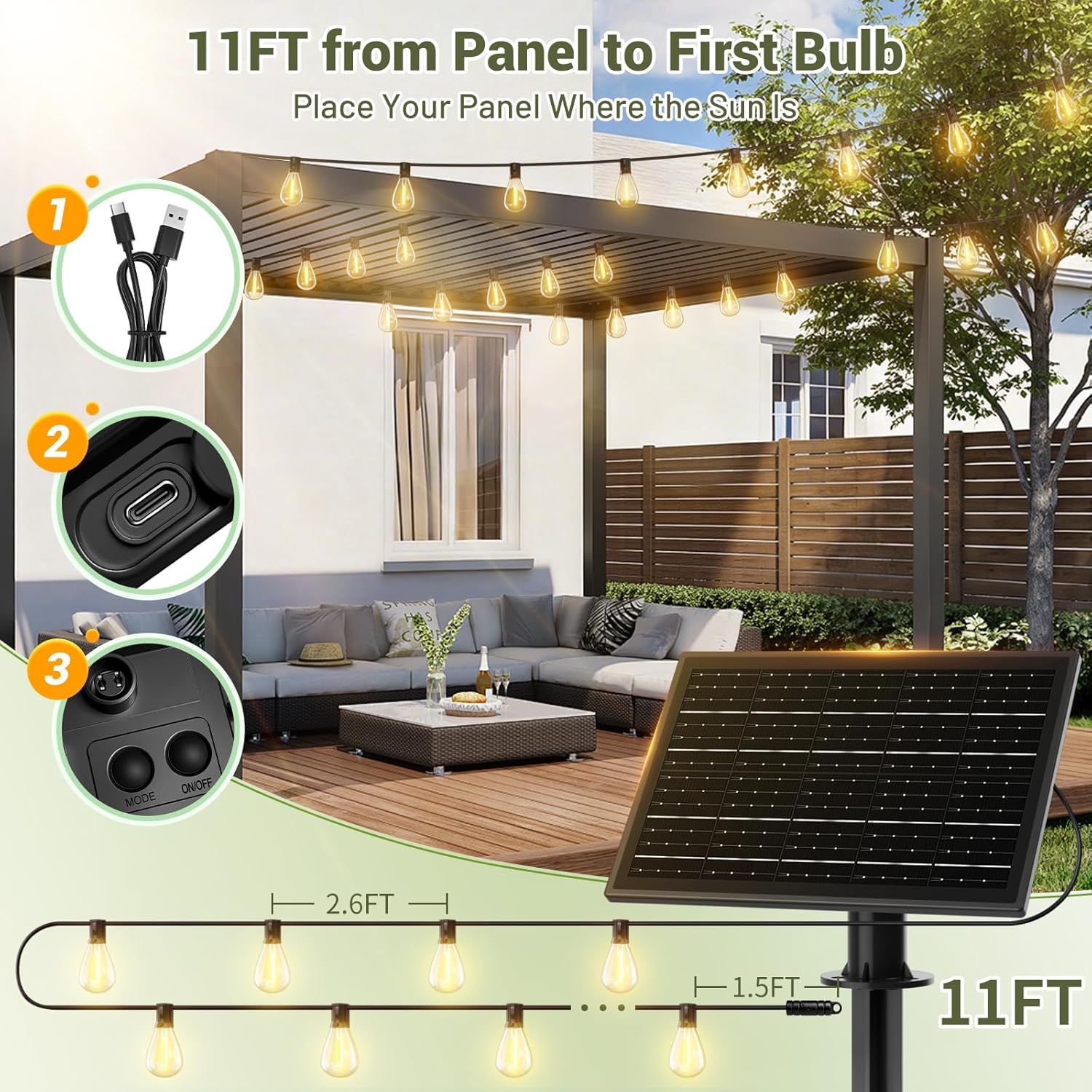 200FT Solar String Lights Outdoor Waterproof 72+2 LED Bulbs, Solar Powered with Remote & USB Port, 3 Light Modes Dimmable Patio Lights for Large Backyard, Garden, Party - Image 7